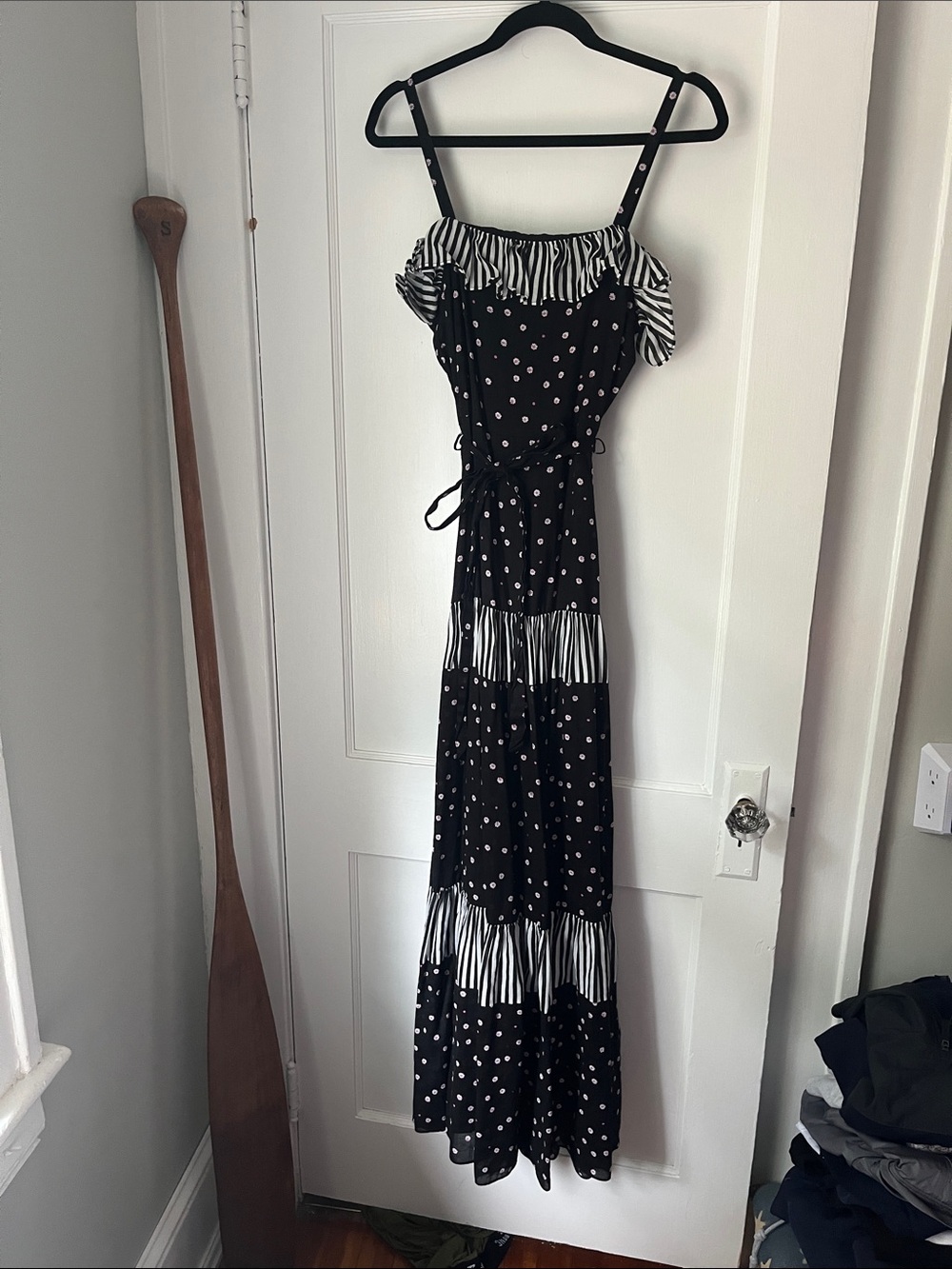 Kate Spade Black Floral Dot & Striped Maxi Dress with Tie Waist size 4